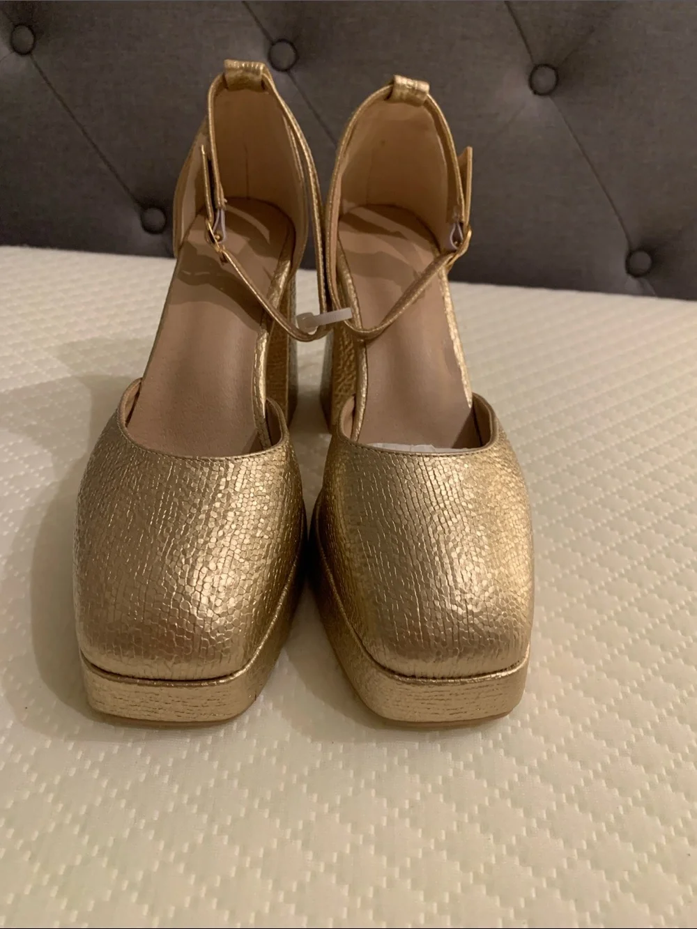 Gold Platform Block Heel Pumps with Ankle Strap